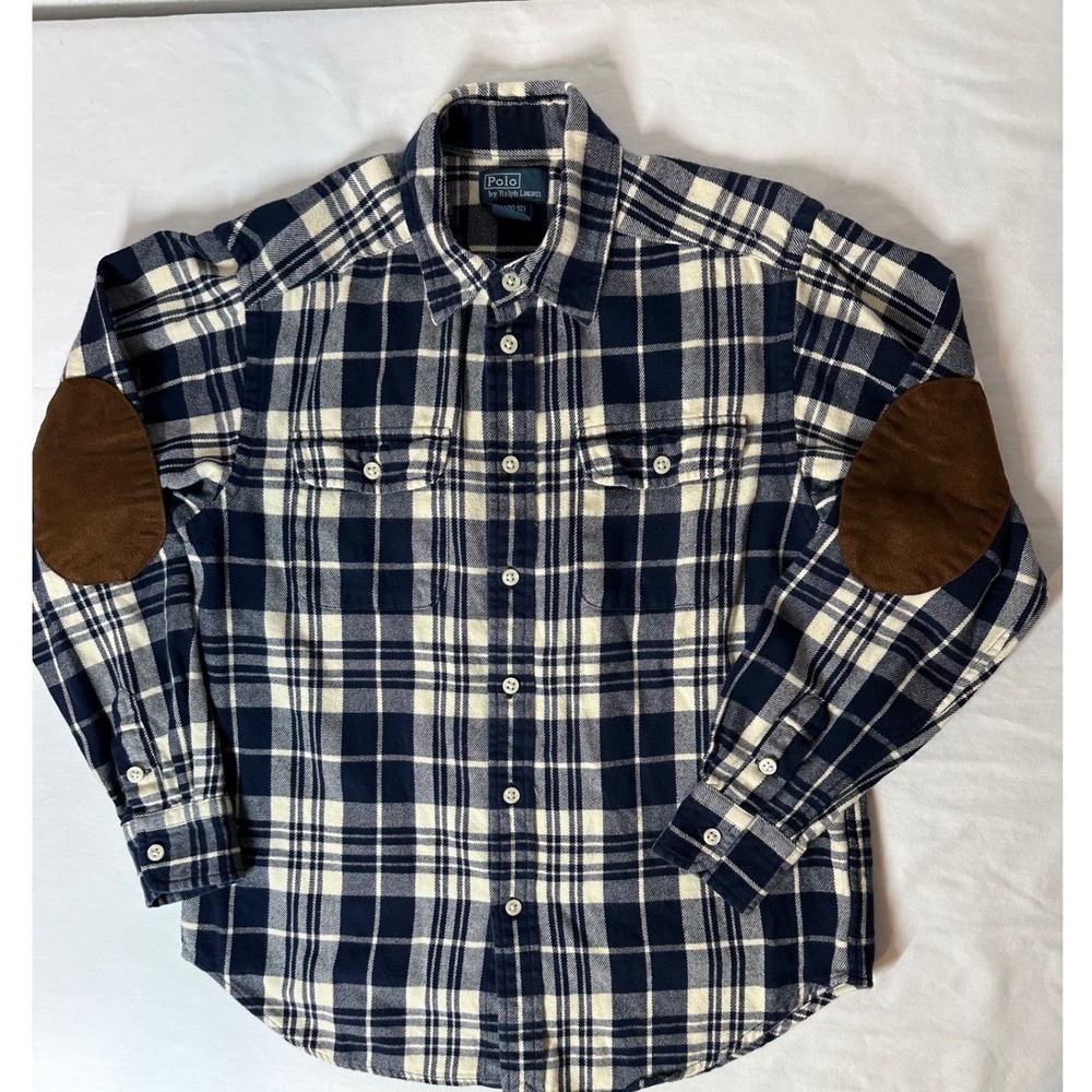 Polo Ralph Lauren Kids Navy Plaid Flannel Shirt with Elbow Patches Size 10-12